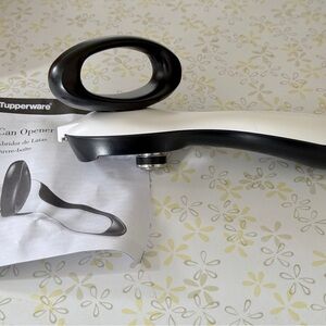 New-Unused Tupperware White and Black Manual Can Opener with Loop Handle